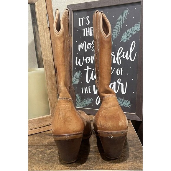 Vintage Western Boots Womens Tan Leather stacked heel Boots Size 7.5M boho - Picture 4 of 8
